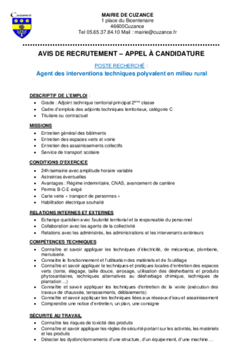 avis de recrutement agent polyvalent avec informations